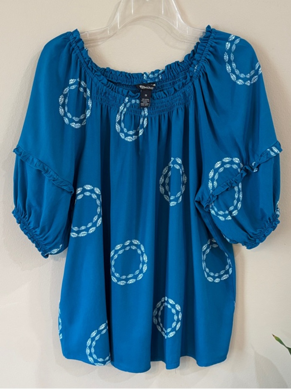Women’s Blue-Green Off-Shoulder Peasant Blouse with White Ring Print, 1X